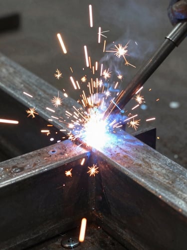 Extreme close-up of a heavy-duty steel frame being welded in a workshop, bright sparks flying, raw metal textures, high-contrast industrial lighting.