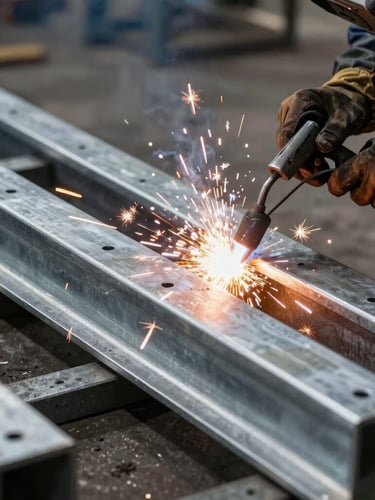 Close-up of industrial metal fabrication inside a Hyderabad workshop, sparks flying from a welder on structural steel frames, raw galvanized silver textures, high-contrast workshop lighting.