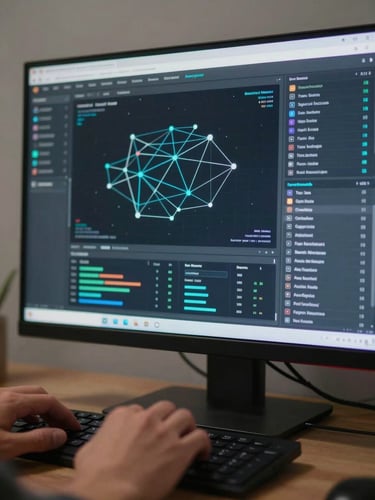 Close-up of a monitor displaying a data analysis dashboard with network graphs and open-source records, neutral cool studio light, hands resting at keyboard in foreground, workspace visible at edge, no faces