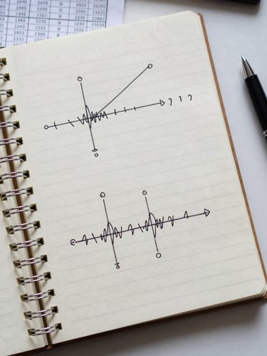 Overhead close-up of a notebook with hand-drawn signal diagrams and frequency annotations beside a printed data table, cool neutral daylight, no faces, disciplined workspace feel