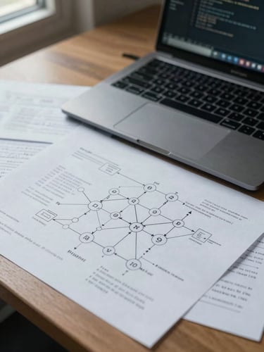 Close-up overhead view of a desk with printed network topology diagrams, a laptop displaying a terminal output, handwritten annotations in margins, cool daylight from the left, no faces