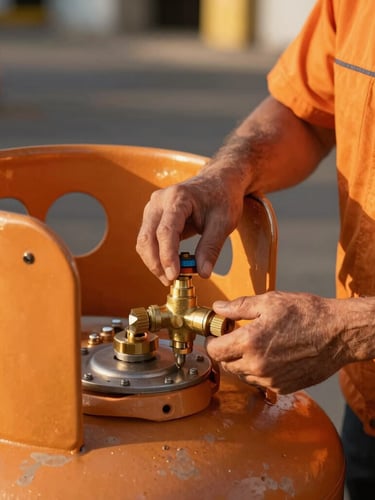 Close-up of a professional delivery technician securing a brass valve connection on a clean steel propane tank, warm golden sunlight, rich saturated orange tones.