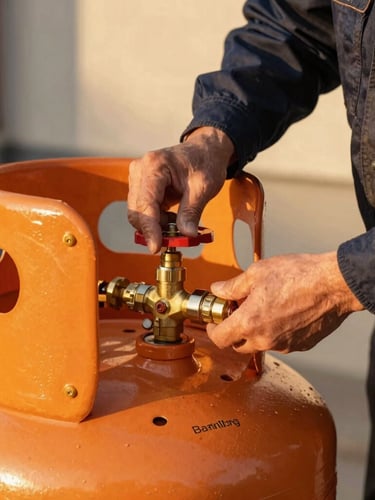 Close-up of a professional technician in clean safety gear securing a brass valve connection on a pristine residential propane tank, warm golden-hour lighting.
