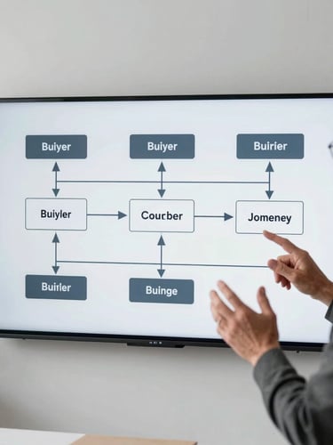 Senior editorial strategist mapping buyer journey stages on a large digital display, hands gesturing over a workflow diagram, sharp editorial photography, high-contrast natural daylight, clean minimalist office setting, cool desaturated tones, 35mm lens.