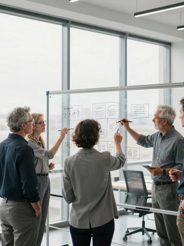 Wide-angle shot of a diverse team of senior strategists collaborating in a modern, high-contrast office, hands sketching wireframes on a transparent whiteboard, bright natural window light, cool desaturated tones.