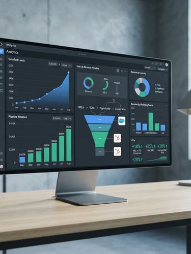 High-contrast screenshot of a B2B SaaS analytics dashboard showing a clear upward trend in qualified leads and pipeline revenue, with specific CRM integration points highlighted. Clean, minimalist UI, cool desaturated tones, sharp studio light.