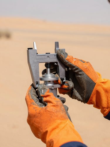 Tight shot of hands in work gloves calibrating a complex hydrological sensor against a blurred desert background, harsh desert sunlight, high-contrast slate and safety-orange tones, sharp focus, 35mm