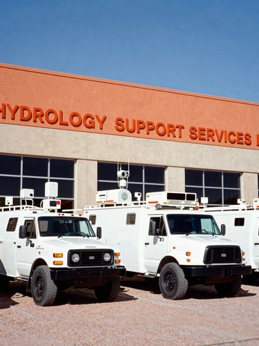Exterior wide shot of the HYDROLOGY SUPPORT SERVICES L.L.C. office building in Tempe, Arizona, under harsh desert sunlight, showing several specialized field vehicles with telemetry equipment parked in front, high-contrast, technical, 35mm.