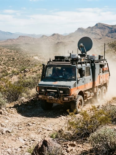 Rugged mobile telemetry rig traversing a remote Arizona desert landscape under harsh sunlight, dust in the air, wide shot.