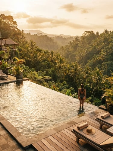 Wide-angle 35mm shot of a sun-drenched infinity pool overlooking the lush Ubud jungle canopy at golden hour, warm saturated tones.