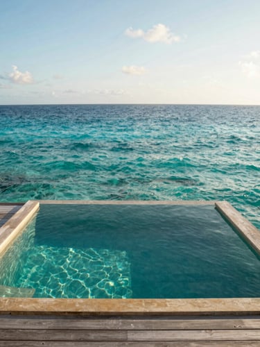 Close-up of a luxury private overwater villa deck with a plunge pool overlooking the endless turquoise ocean, bright natural morning sunlight, wide environmental framing, 35mm look.