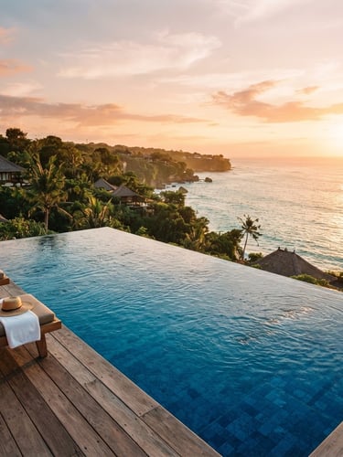 Wide-angle sun-drenched shot of a private infinity pool overlooking the turquoise ocean in Bali, golden-hour natural light, 35mm look