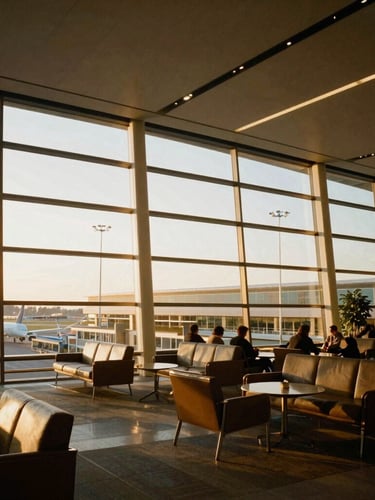 Wide-angle architectural shot of a modern airport terminal lounge with golden-hour sunlight streaming through floor-to-ceiling windows, clean lines, 35mm look