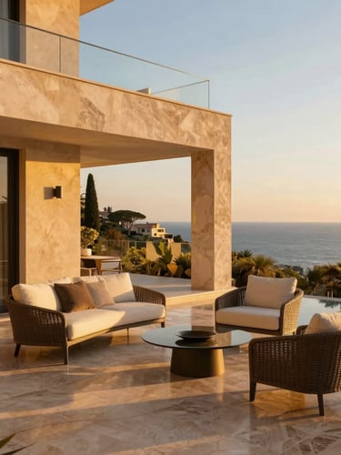 Sun-drenched luxury villa terrace overlooking the Mediterranean, golden hour light, polished travertine floor, minimalist high-end outdoor furniture, warm architectural shot.