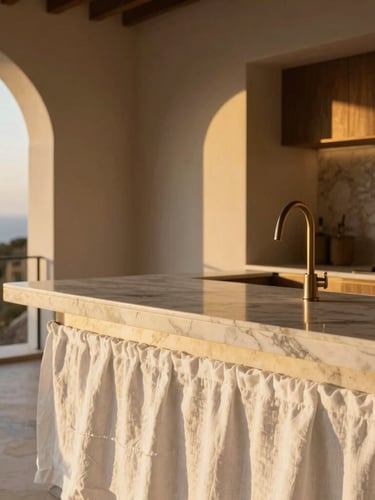 Immaculate luxury villa interior detail, white linen, polished marble counter, soft golden-hour light, architectural 35mm lens.