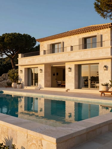 Sun-drenched luxury villa in Saint-Tropez, golden-hour Mediterranean light, white stone, infinity pool reflecting the sky, architectural 35mm lens.