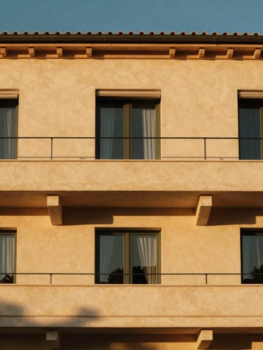 Warm editorial photography of a sun-drenched luxury villa facade in Saint-Tropez, golden-hour Mediterranean light, architectural composition, clean lines.
