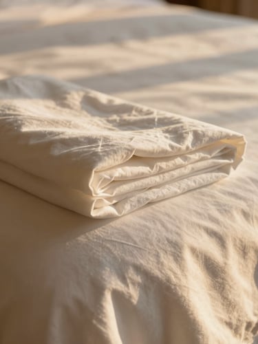 Extreme close-up of crisp, immaculate white linen sheets neatly folded on a bed, soft golden Mediterranean morning light, elegant shadow play, luxurious texture.
