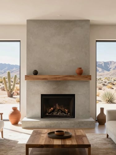 A bright, sunlit modern living room in Yucca Valley with high-desert window light. A pristine concrete fireplace stands clean and soot-free, with minimalist wood furniture and warm terracotta accents. 35mm editorial interior photography.