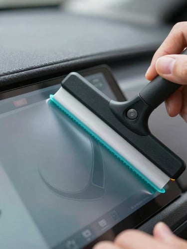 Extreme macro close-up of hands applying a matte protective film to a curved digital dashboard screen using a squeegee, sharp teal highlights