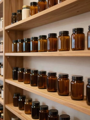 Warm interior of the Farrington Ave storefront showing natural wood shelves, soft ambient lighting, and neat amber glass jars on display.