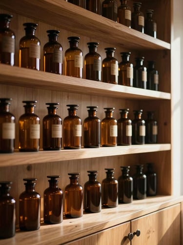 Warm, soft-lit interior of a mid-century apothecary storefront, natural wood shelves displaying clean amber glass bottles, sunlight streaming from the side.