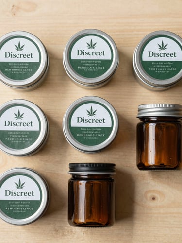 Discreet overhead flat-lay of neatly packaged, compliant cannabis tins and amber glass jars on a clean, light wood surface.