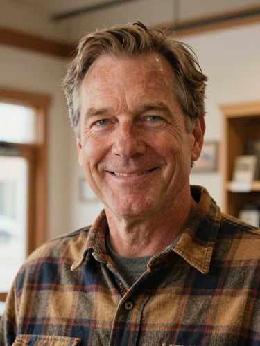 A close-up portrait of Larry Cooper, a friendly middle-aged man in a warm flannel shirt, smiling gently inside his well-lit, wood-accented Alexandria shop, natural daylight.
