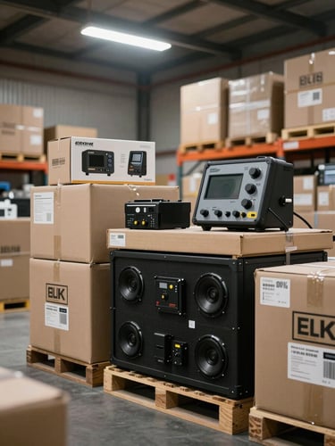 A clean, organized logistics warehouse with high-contrast overhead lighting, showing stacked promotional kits and technical equipment ready for dispatch.