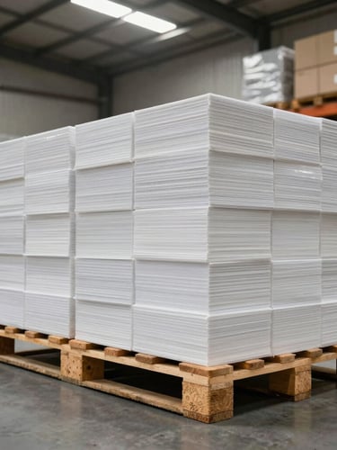A clean, organized warehouse environment with promotional kits stacked on wooden pallets, sharp overhead lighting, technical precision.