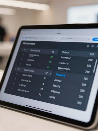 Close-up of a digital promotional interface on a tablet screen inside a busy retail space, sharp focus on technical metrics, clean bright lighting.
