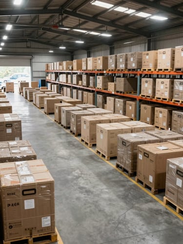 Wide environmental shot of a highly organized campaign logistics warehouse with marked freight crates, clean concrete floors, and bright overhead industrial lighting.