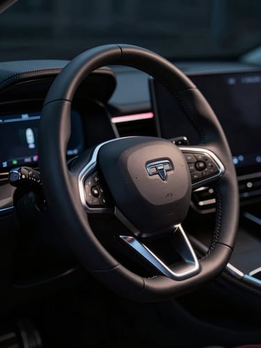 Cinematic close-up of a modern luxury car steering wheel, brushed metal and leather details, soft ambient dashboard lights, moody night lighting with silver highlights