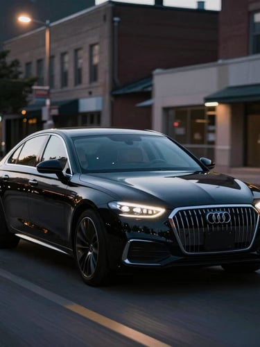 Moody automotive photography of a premium modern sedan driving through downtown Madison at twilight, soft streetlights reflecting off polished black paint, cinematic silver highlights, shallow depth of field.