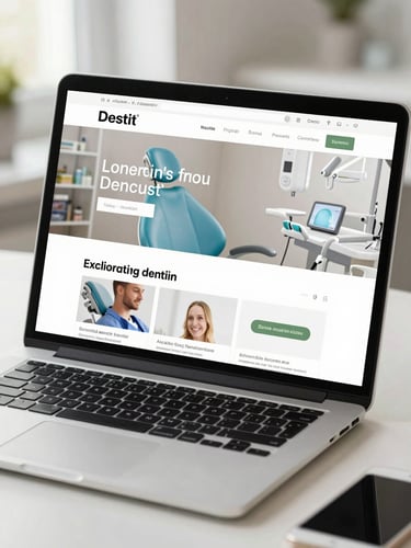 Clean modern browser mockup displaying a highly polished website for a local dentist, with clear typography and bright natural lighting.