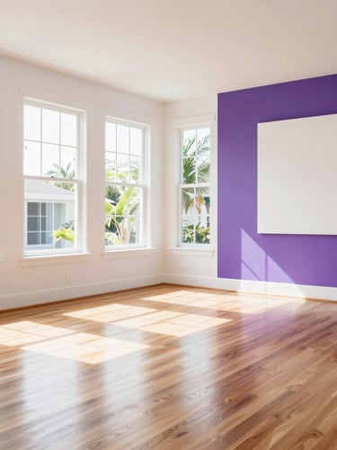 A beautifully swept, empty, sunlit living room with polished wooden floors, bright natural Florida light coming through large windows, clean-cut modern aesthetic
