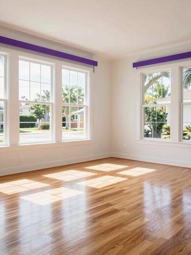 A bright, sunlit residential living room, completely empty and immaculately swept clean, warm Florida daylight streaming through wide windows, pristine hardwood floors reflecting the light.