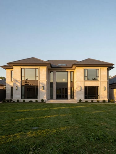 Wide-angle architectural shot of a luxury estate in Kabulonga, warm golden-hour sunlight reflecting off clean glass and stone facades