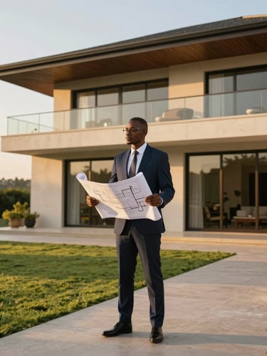 Professional Zambian broker in a tailored suit standing on the terrace of a modern luxury villa in Kabulonga, holding architectural blueprints, warm golden-hour light.