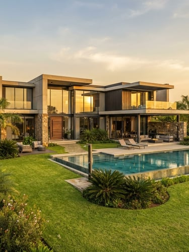 Premium modern residential villa exterior in Roma, Lusaka, shot at golden hour with warm sunlight reflecting off clean glass and manicured lawns, architectural photography