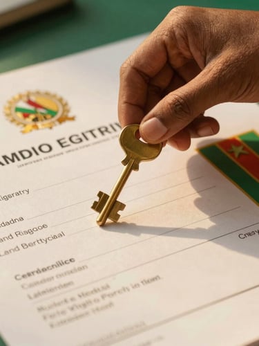 Close-up of hand holding brass keys over official Zambian land registry documents, warm natural light, professional setting