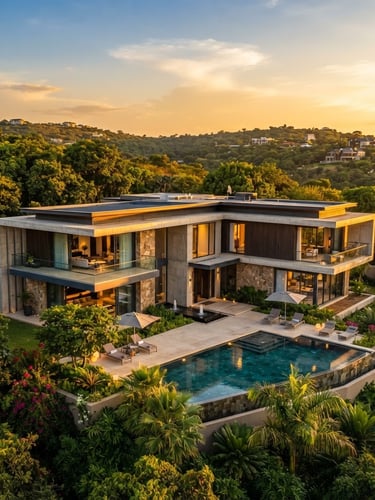 Wide shot of a modern luxury villa in Kabulonga, Lusaka, during golden hour, sharp architectural lines, rich green and gold tones