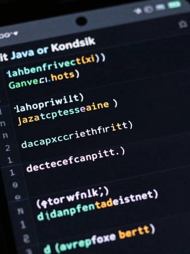 Macro shot of an Android phone screen displaying a clean, dark-mode code editor with syntax highlighting, showing a snippet of highly optimized, native Java or Kotlin code, low-key studio lighting with cyan accents.