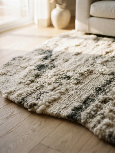 Detailed close-up of a high-end custom organic wool rug with soft curved edges on a light oak floor, warm morning sunlight casting soft shadows, 35mm photography