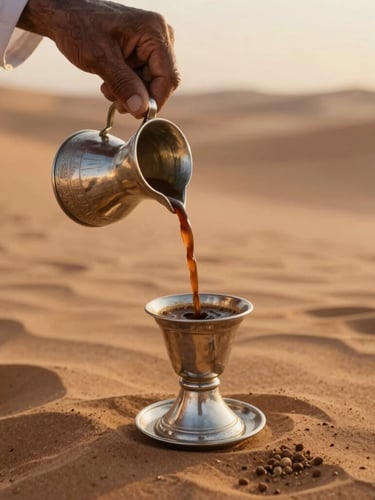Close-up of an elder Bedouin guide pouring traditional cardamom-spiced coffee from a silver dallah, soft golden hour light, warm sand tones, 35mm