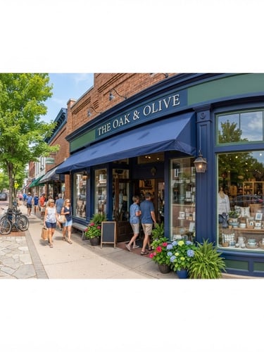 Wide panoramic view of a bright, thriving Michigan brick-and-mortar storefront, natural daylight, deep blue and green accents, crisp commercial photography.