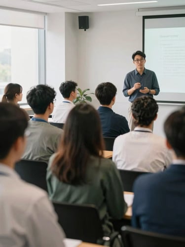 A professional seminar setting with engaged clinical educators looking at a presentation, natural soft-diffused daylight, clean modern interior.