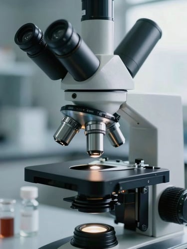 A close-up of a high-end laboratory environment, featuring a modern microscope and clean glass vials illuminated by cool natural daylight.
