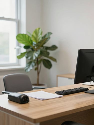 A clean, naturally lit modern medical consulting room with a soft green plant in the corner and a wooden desk, soft diffused daylight.