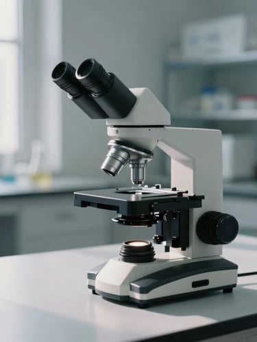 A white binocular compound microscope on a laboratory bench with scientific glassware.